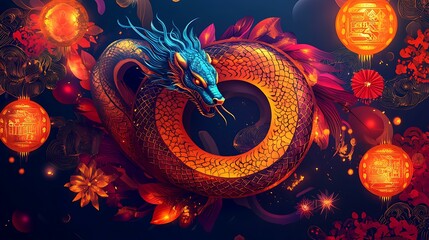 Vibrant Lunar New Year 2025 background with an artistic snake zodiac surrounded by glowing patterns and festive motifs
