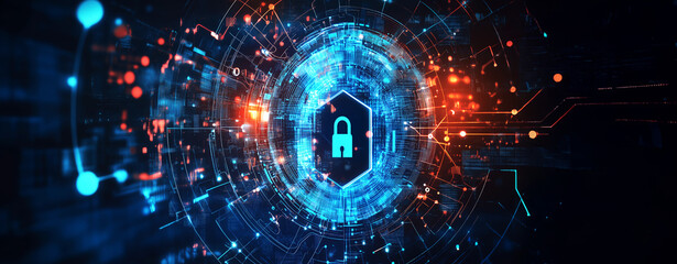 Fototapeta premium A Digital Landscape with a Complex Data Vault Where Global Information is Secured Using Advanced Encryption and Blockchain Technologies