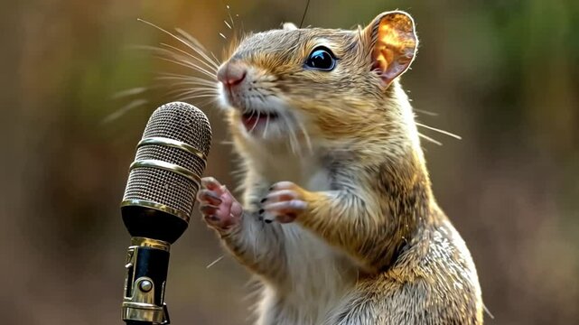 A squirrel appears to sing into a microphone, creating a whimsical and humorous scene.