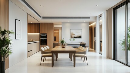 Fototapeta premium Bright dining area with a blank wall, contemporary wooden furniture, and soft decor elements in a minimalist style