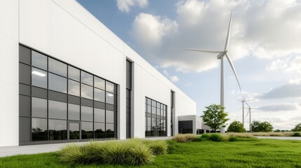 Obraz premium clean energy wind growth concept. Modern industrial building with wind turbine and green landscaping under a cloudy sky.