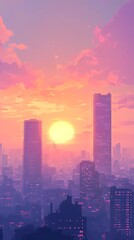 Fototapeta premium Digital retro background featuring a neon grid and vibrant colors, illustrated in a timeless storybook-inspired art style