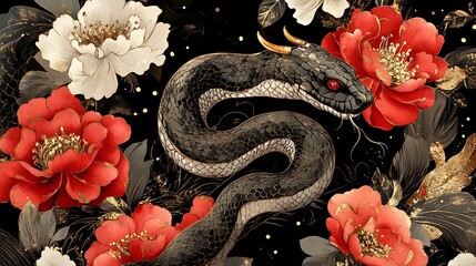 Stylized snake illustration with intricate floral patterns and festive red and gold accents, perfect for Lunar New Year