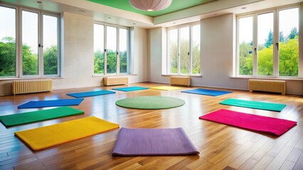 A serene and peaceful atmosphere is created in a yoga studio with vibrant colorful mats arranged in a circular pattern around the room, relaxation, colors