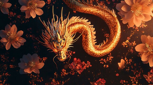 Stylized dragon design with glowing gold scales surrounded by festive floral patterns for a Chinese New Year theme