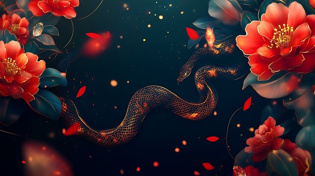 Snake zodiac illustration with dynamic curves, floral embellishments, and glowing red and gold accents for a festive theme