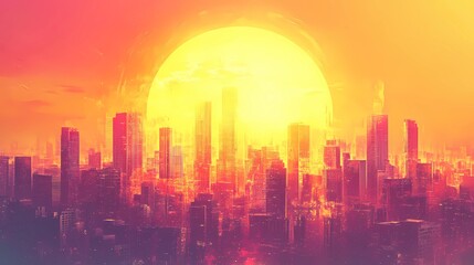 Fototapeta premium Digital retro background featuring a neon grid and vibrant colors, illustrated in a timeless storybook-inspired art style