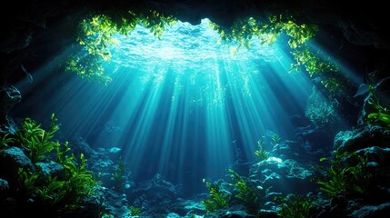 Ethereal Underwater Scene with Sunlight and Marine Vegetation
