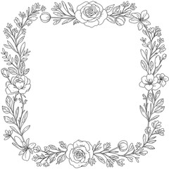 Minimalist floral frame with line-art leaves and flowers on a plain white background