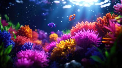 Fototapeta premium Vibrant Coral Reef With Colorful Fish Swimming Underwater Light