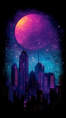 Naklejka premium Digital retro background featuring a neon grid and vibrant colors, illustrated in a timeless storybook-inspired art style