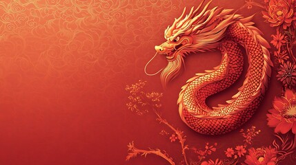 Obraz premium Red and gold Chinese New Year background with a coiled dragon and intricate floral details