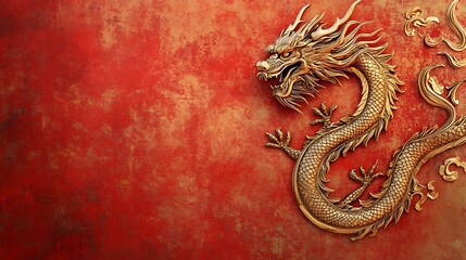 Obraz premium Ornate dragon design in gold and red set against a textured background symbolizing Chinese New Year celebrations