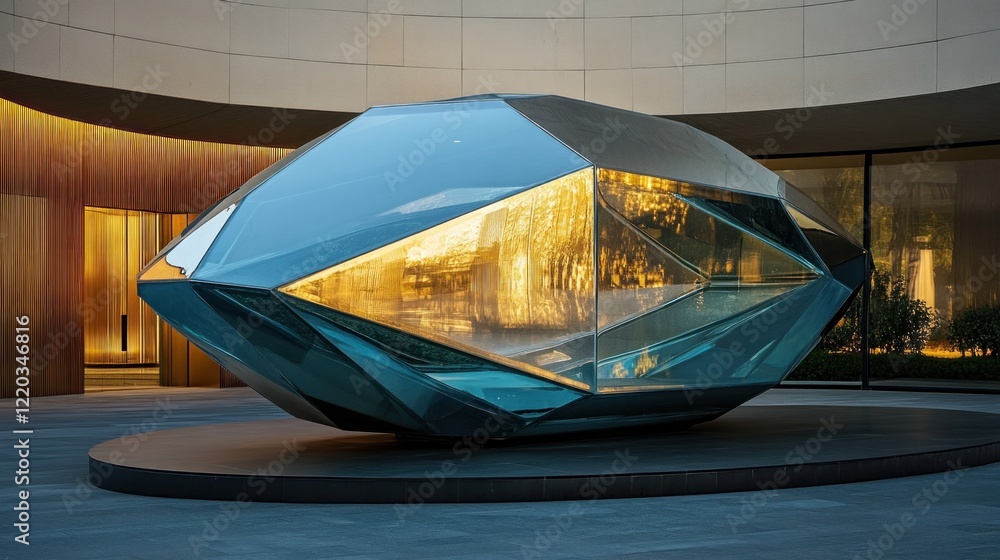 Poster modern architecture with a large geometric glass structure and reflective surfaces