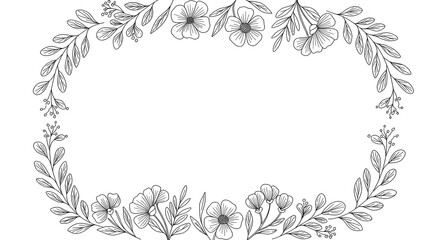 Fototapeta premium Minimalist floral frame with line-art leaves and flowers on a plain white background