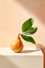 A Fresh Golden Yellow Pear With Leaves On White Podium Surface. Light Color Background, Natural Light and Shadow. Minimal Food Art Concept.