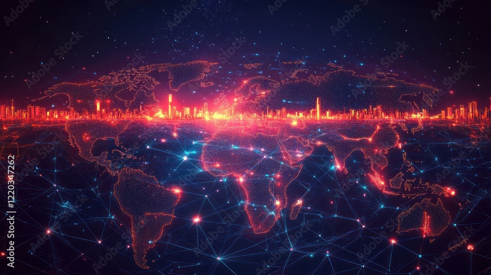 Poster global network connection, illuminated world map with cityscapes.