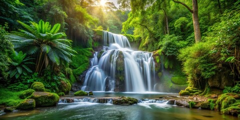 waterfall flowing through dense foliage, forest ecosystem