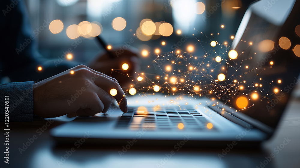 Poster person typing on laptop with glowing digital connections, symbolizing technology and innovation. war