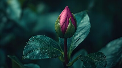 Close-up view of a dark pink dahlia bud surrounded by greenery, offering room for text and design elements