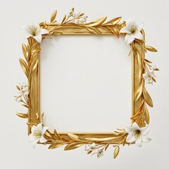 Golden floral frame with delicate vines and blooming lilies around a white copy space