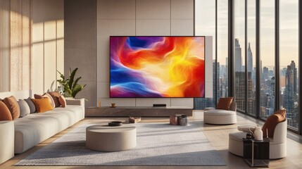 Modern Living Room with Large Abstract Artwork on TV Screen, City View