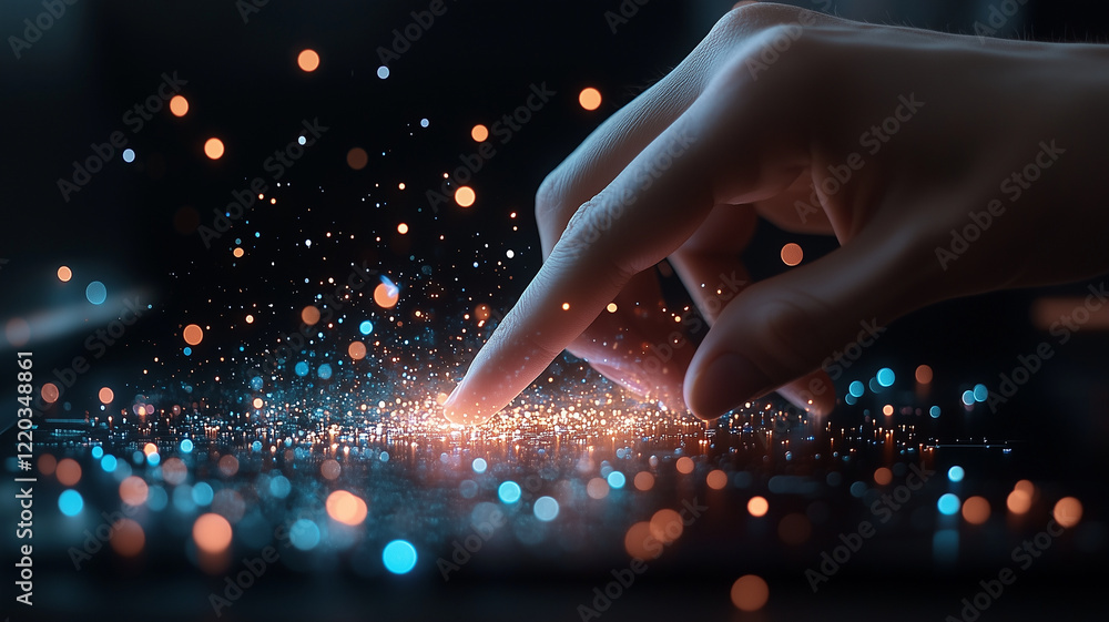 Poster hand gently touches glowing surface, creating mesmerizing display of light and particles. this captu