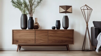 Modern Mid-Century Modern Wooden Console Table with Black and Gold Decor