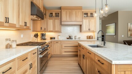 Fototapeta premium Contemporary kitchen interior showcasing light wooden cabinetry, a clean countertop, and simple decorative accents