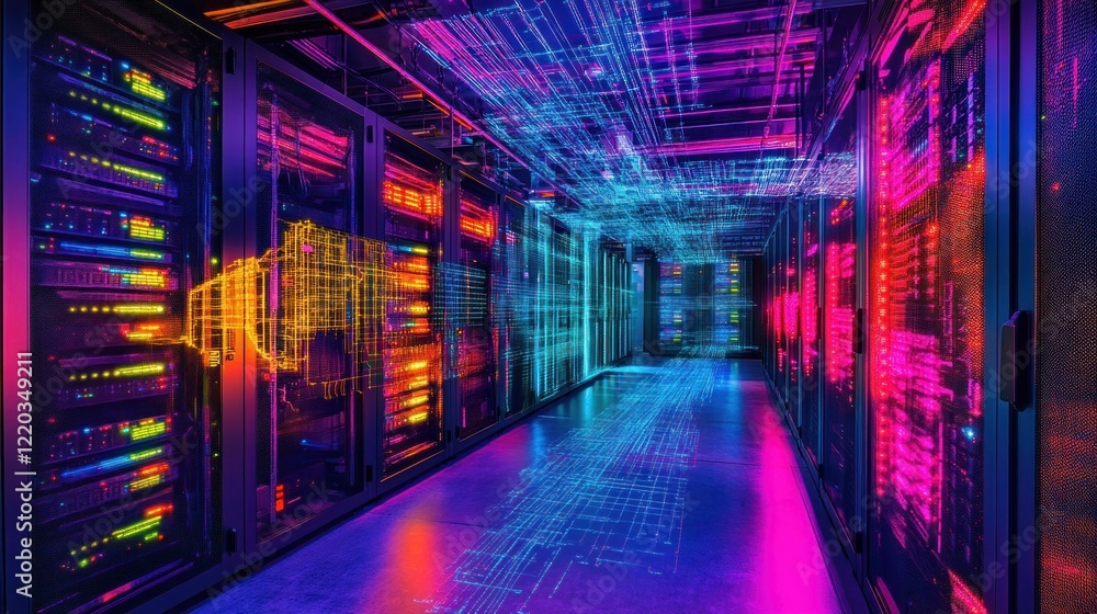 Poster data center with bright neon lights showing server racks and network connections
