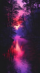 Fototapeta premium Mystic Forest River at Sunset with Dramatic Red and Purple Foggy Sky Reflections, Generative AI
