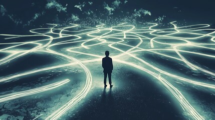 A man stands in the middle of a road with many different paths