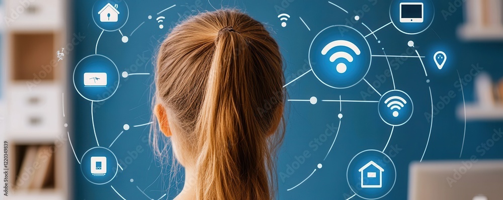 Poster clean energy renewable startup concept. person observing digital icons representing connected device