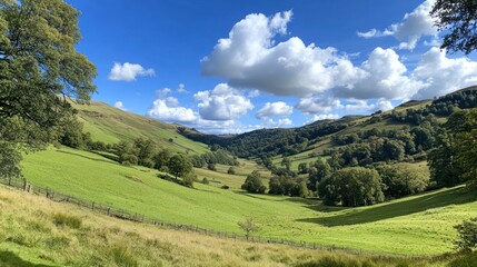 Fototapeta premium Serene Valley Landscape Under a Summer Sky