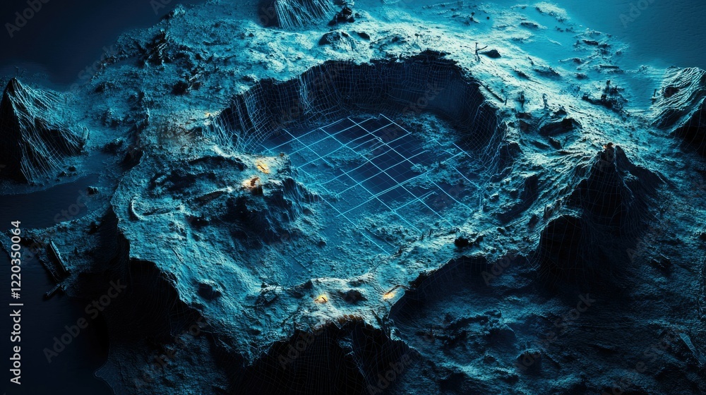 Poster detailed 3d-rendered map of oceanic terrain with glowing blue wireframe grids and dark contrasting t