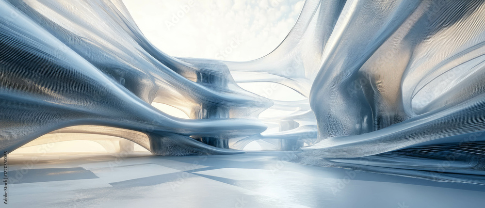 Poster futuristic cityscape featuring sleek architecture and fluid design elements in an abstract setting
