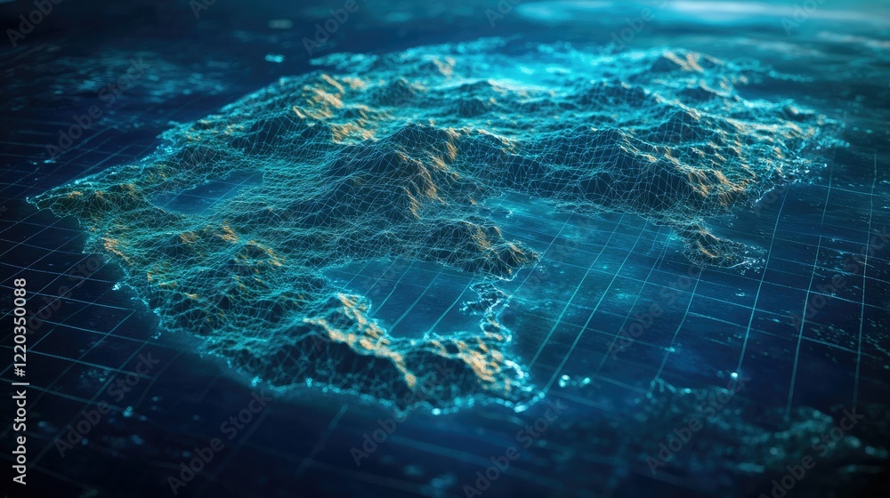 Poster detailed 3d-rendered map of oceanic terrain with glowing blue wireframe grids and dark contrasting t