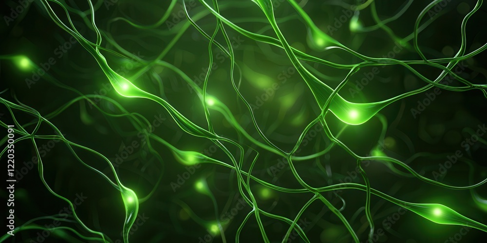 Poster clean energy renewable startup concept. Green neuronal network with glowing connections and fibers on a dark background.