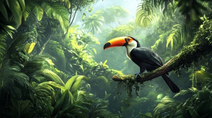 Tropical jungle forest with toucan on tree cartoon background. Bird on branch in wildlife exotic nature landscape. Adventure in wild amazon rainforest park with liana and bush illustration design.