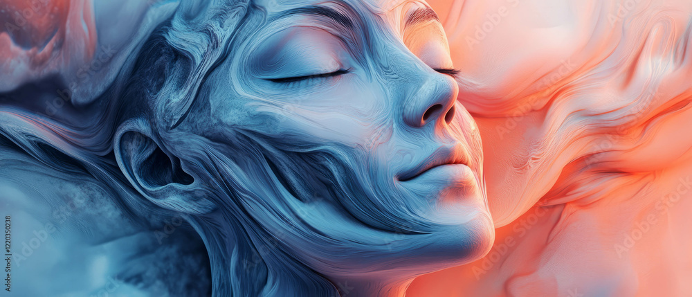 Poster exploring emotions through 3d abstract faces and expressions in artistic interpretation