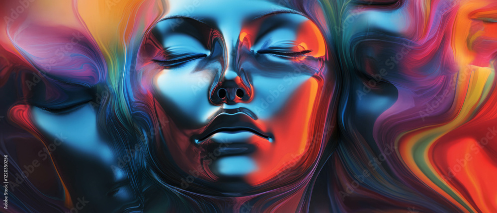 Poster surreal expressions and distorted features in vibrant abstract faces blend together artistically