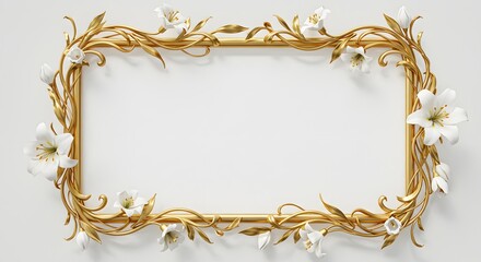 Golden floral frame with delicate vines and blooming lilies around a white copy space