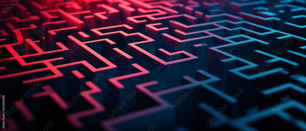Poster exploring intricate 3d mazes with complex pathways and abstract structures