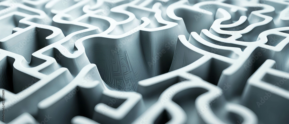 Poster exploring complex 3d mazes with intricate pathways and challenging puzzles in abstract design