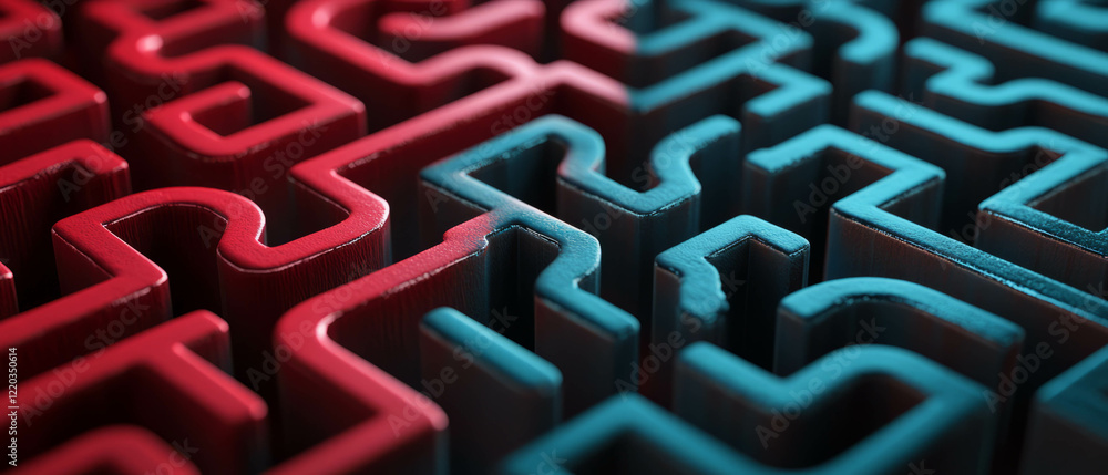 Poster exploring intricate pathways in abstract mazes with bold red and blue structures