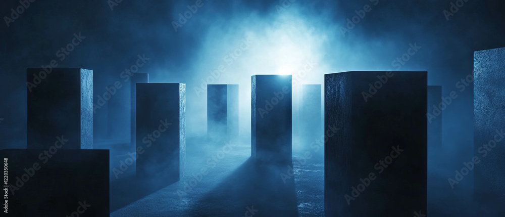 Poster Abstract 3D objects in dim light creating mysterious silhouettes and dark shadows