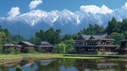 Obraz premium Tranquil Japanese Village nestled beneath snow capped mountains