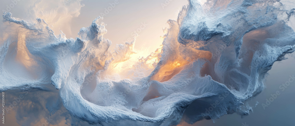 Poster abstract transformation of fluid shapes in a dynamic 3d space with ethereal lighting effects