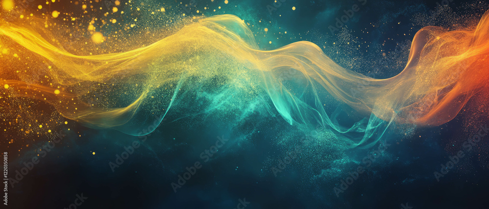 Poster abstract objects morphing in fluid movement against a colorful backdrop