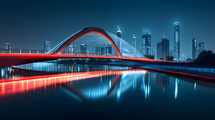 Obraz premium Illuminated Suspension Bridge Reflecting in Tranquil Urban Waters on a Foggy Night